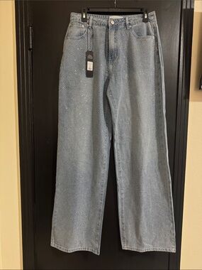Fashion Nova Light Blue Wide Leg Rhinestone Jeans